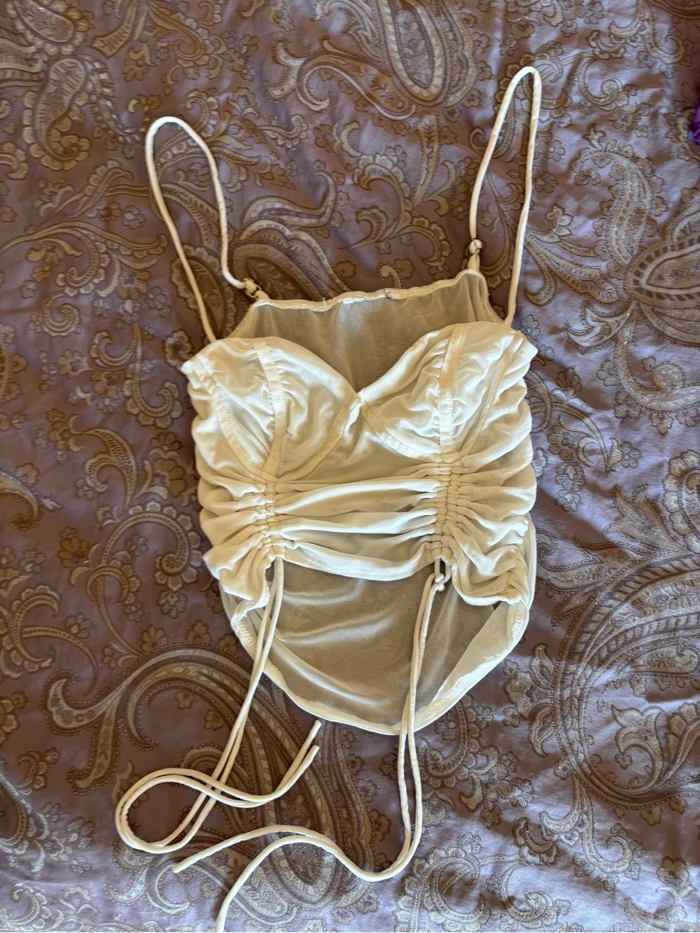 Princess Polly Ruched Mesh Top in Cream - Size Small